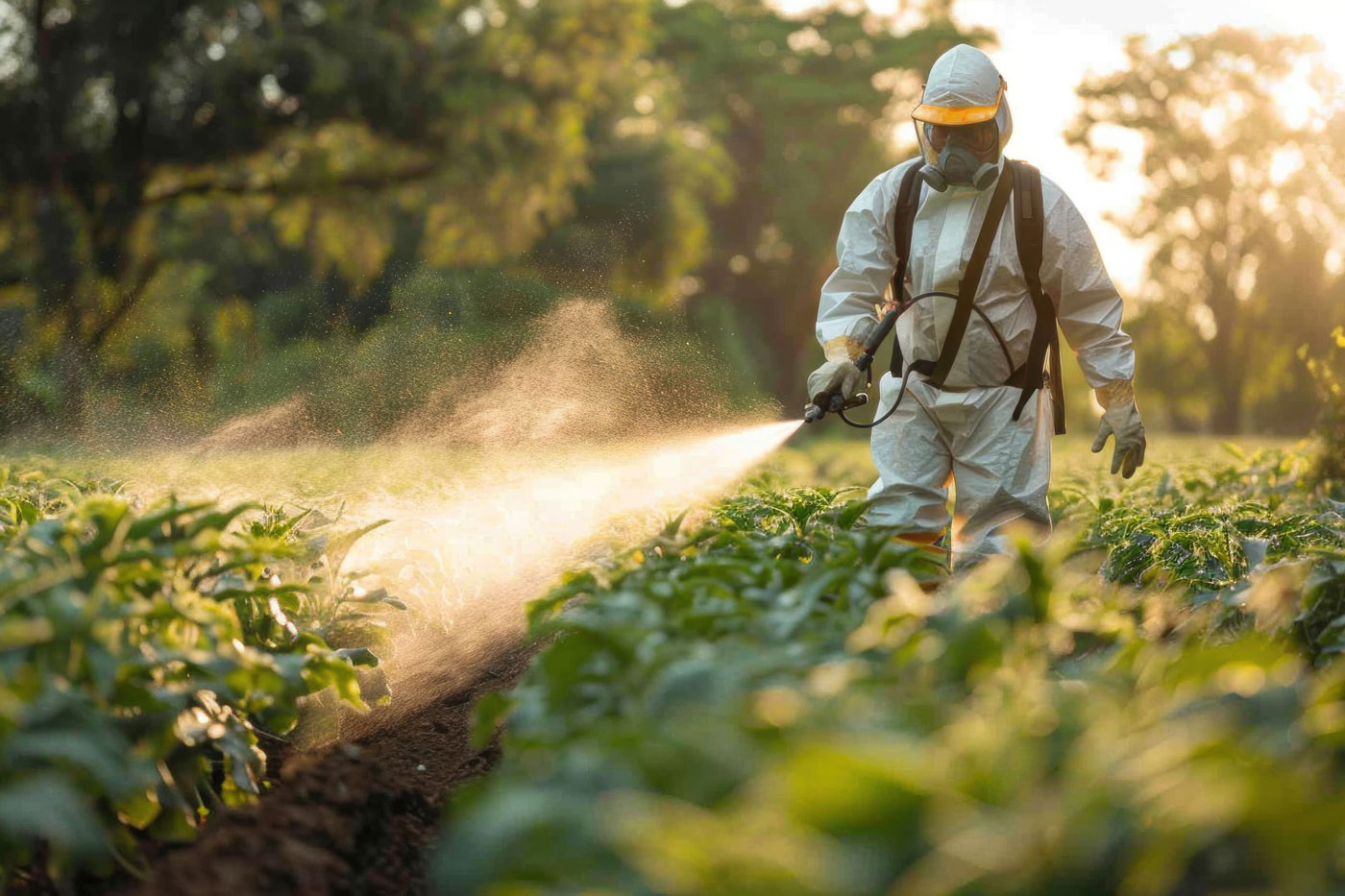 person in PPE gear spraying crop